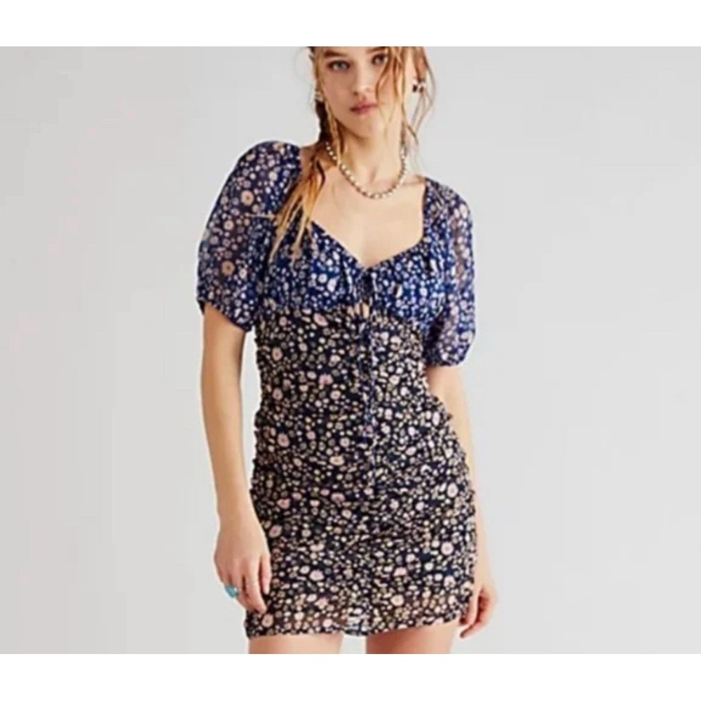 Free People Tessa Floral Ruched Chiffon Mini Dress Boho Festival Hippie Size L